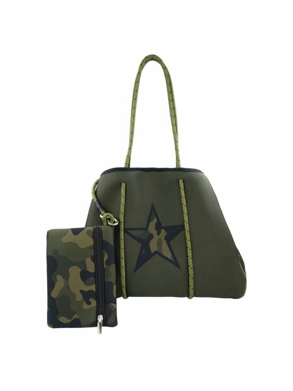 NWT BC Handbags Greyson Tote in Olive Green Camo Star Garrison Neoprene Tote Bag